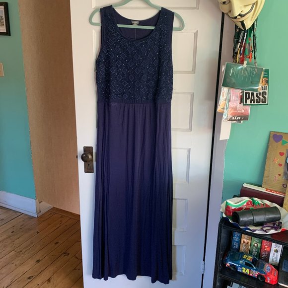 Navy Blue Beaded Neiman Marcus Maxi Dress - Picture 2 of 10